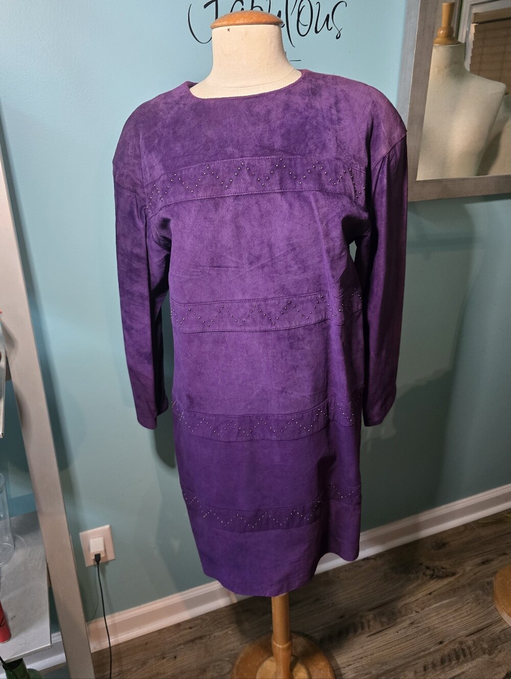 Purple Suede Bagatelle Long-Sleeve Studded Embellished Dress
